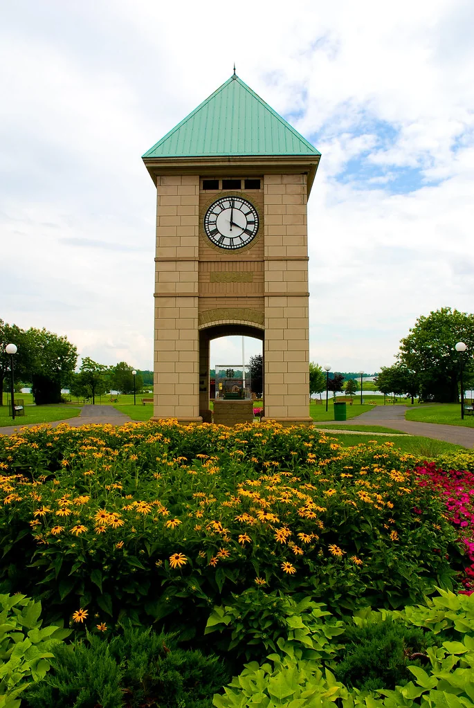 The Cornwall, Ontario clock tower in a park garden, marking ASL's home base