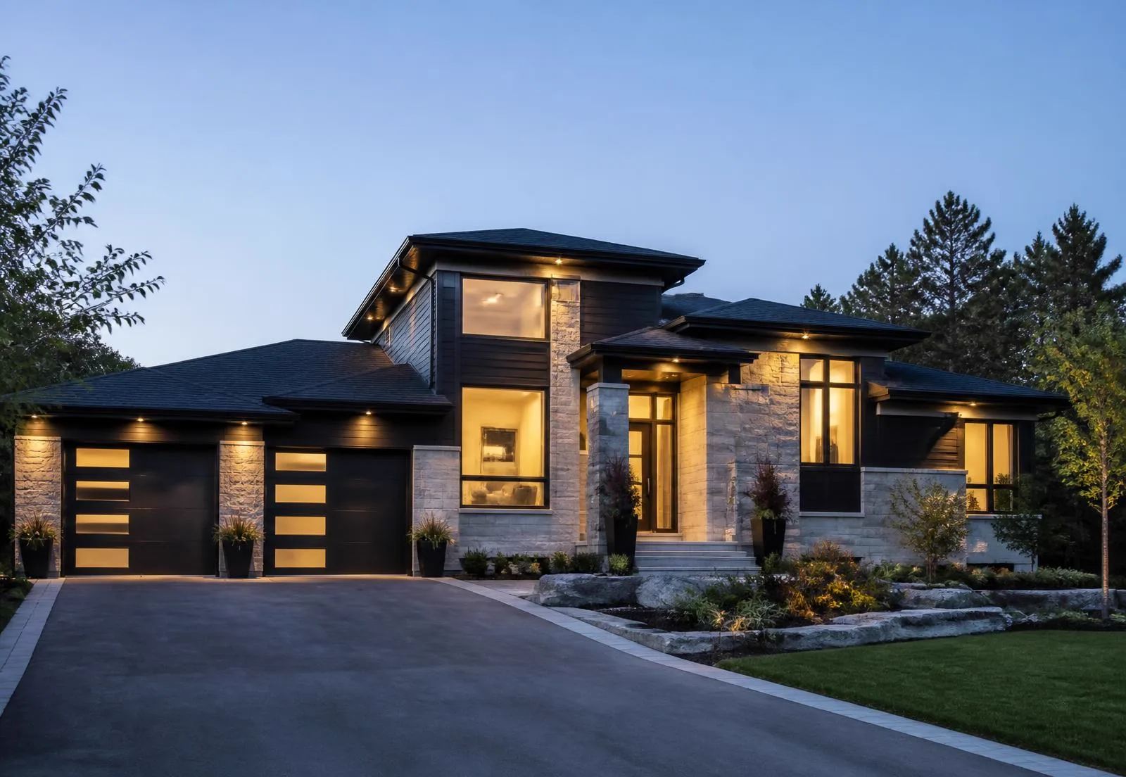 Modern home in Cornwall, Ontario protected by an ASL security system at dusk